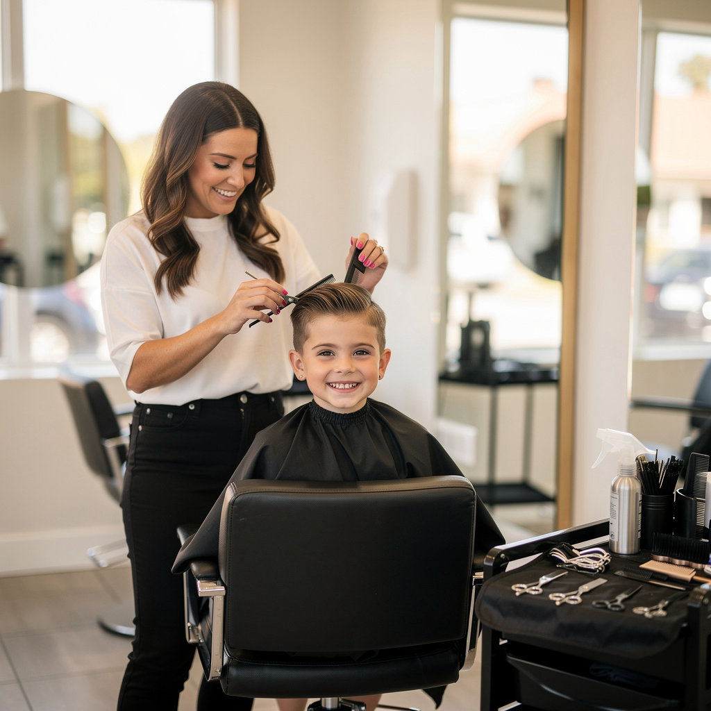 Amigos Hair Cutting stylist providing a gentle, fun haircut for a child in our Santa Barbara salon